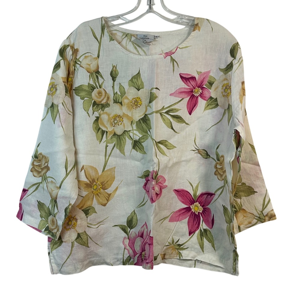 Hot Cotton by Marc Ware Floral Linen Blouse White Pink 3/4 Sleeve Top Large